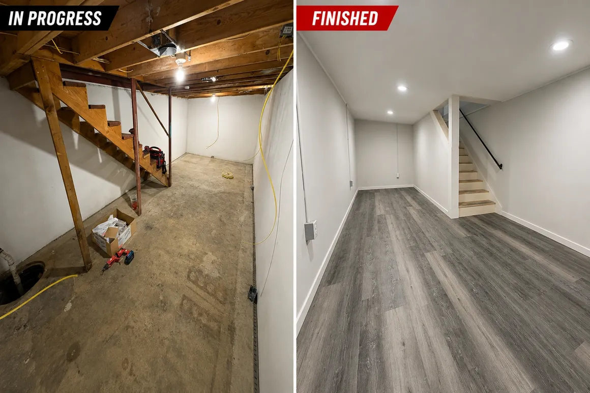 Basement finishing before and after by Elite Home Services